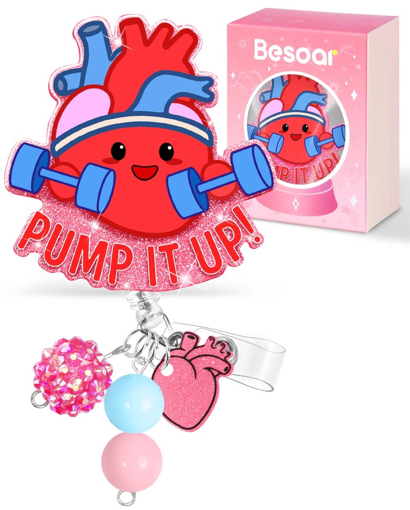 Besoar Nurse Badge Reel Retractable - Cute Heart Badge Reel Nursing, Beadable Badge Holder with Alligator Clip, Office Medical Worker Pediatric Student Nurse ID Badge Clip Accessories Gifts - Image 1