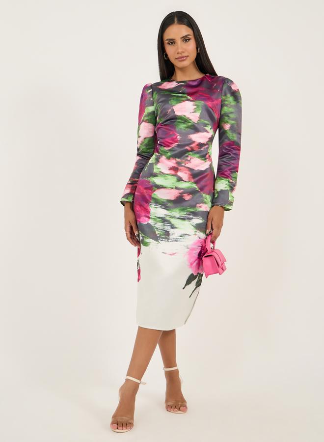 Floral Print Long Sleeves Sheath Midi Dress