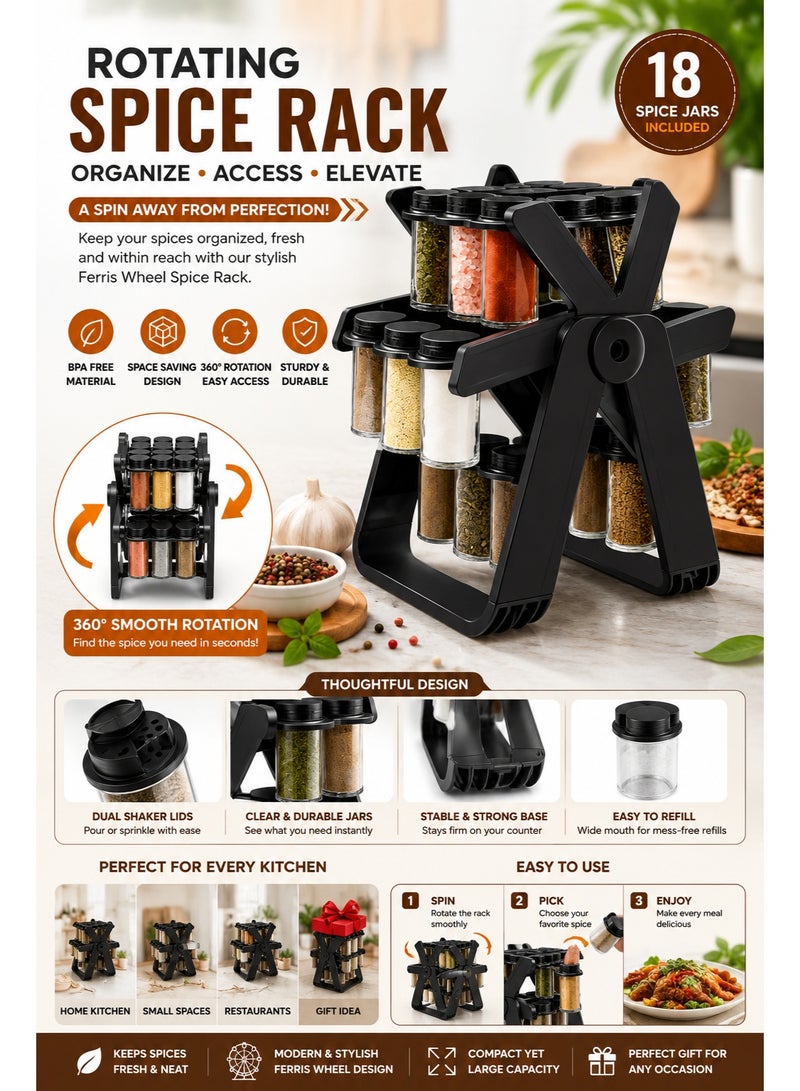Rotating Spice Rack, Revolving Ferris Wheel Countertop Spice Organization with 18 Plastic Spice Jars, Countertop Spice Storage Rack for Families Kitchen