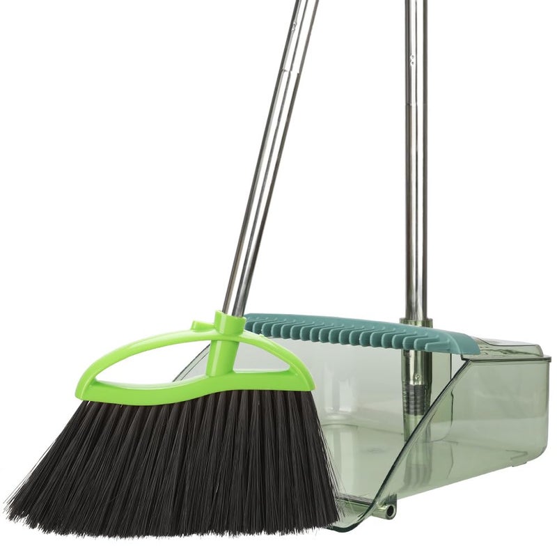 Dodifker Soft Bristles Green Angle Broom and Dustpan Set, Long Handle Household Indoor Broom with Dustpan Combo Set for Room Kitchen Lobby Office Hardwood Floor Sweeping Floor Cleaning - Image 1
