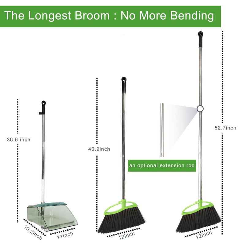 Dodifker Soft Bristles Green Angle Broom and Dustpan Set, Long Handle Household Indoor Broom with Dustpan Combo Set for Room Kitchen Lobby Office Hardwood Floor Sweeping Floor Cleaning - Image 2
