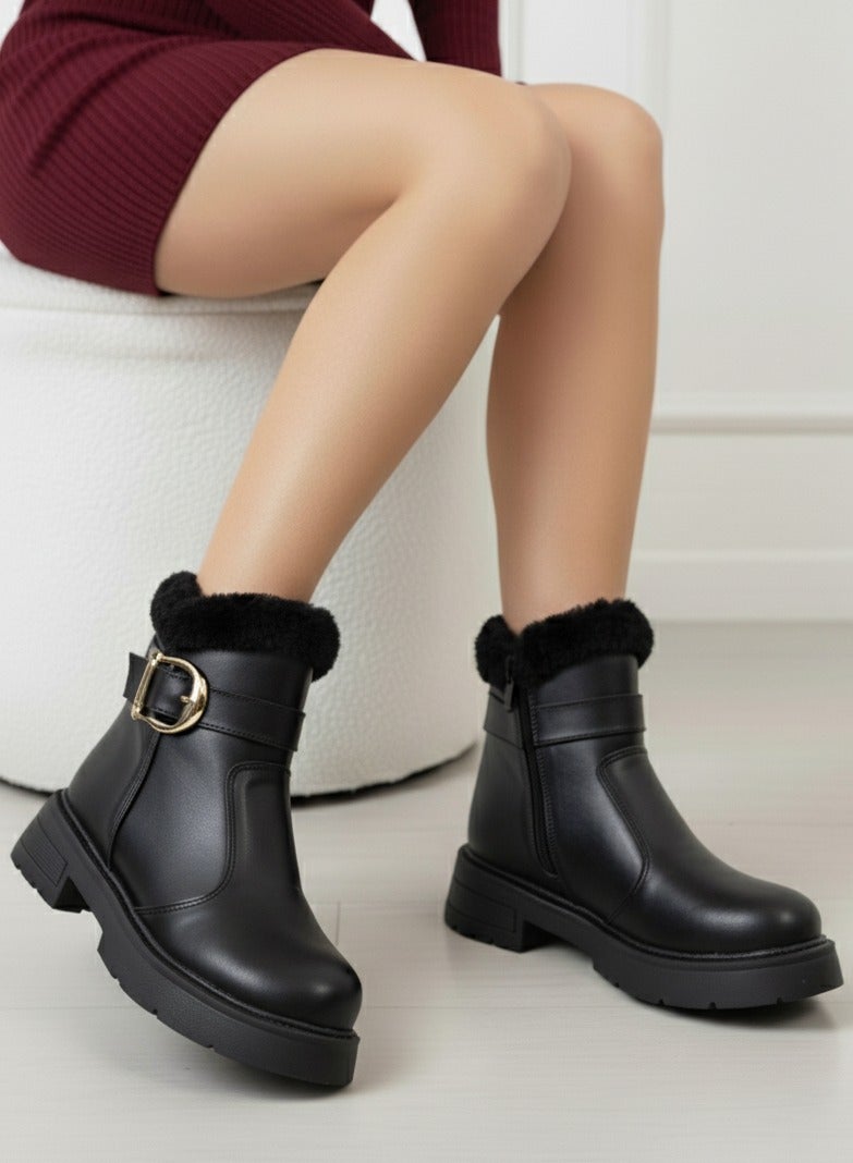 LIFESTYLISH Ankle Boot Flat Leather  With Fur G-57 - Black - Image 1