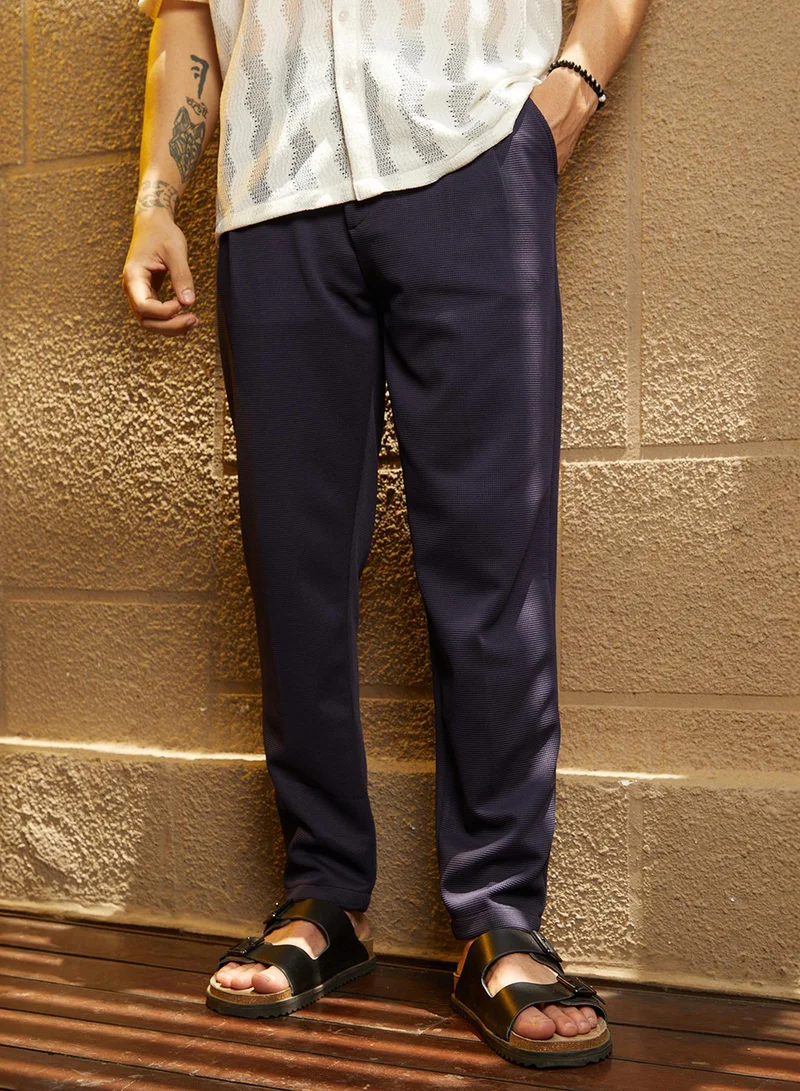 Campus Sutra Campus Sutra Men's Navy Blue Micro-Waffle Chino Trousers For Casual Wear | Mid-Rise | Regular Fit | Button Closure | Trousers Crafted With Comfort Fit For Everyday Wear