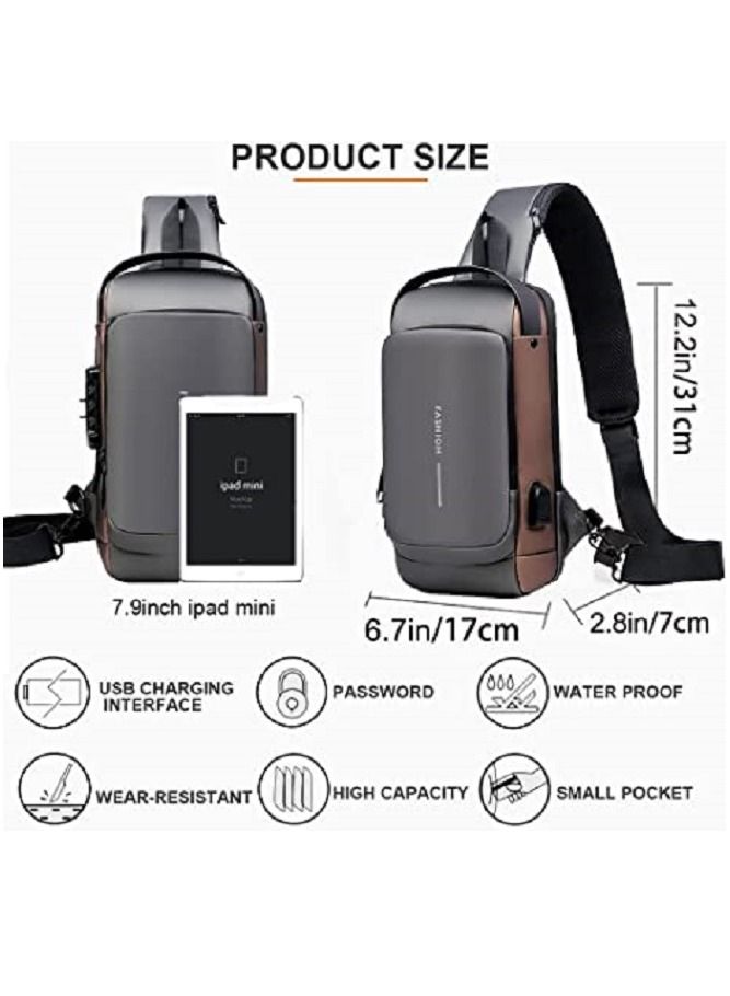 Generic Anti theft Sling Bag,Waterproof Chest Daypack with USB Charging, Shoulder Backpack Chest Bag for Men Women,Shoulder Bag Sports for Men,Backpack for Men /Women (Grey and Brown) - Image 4