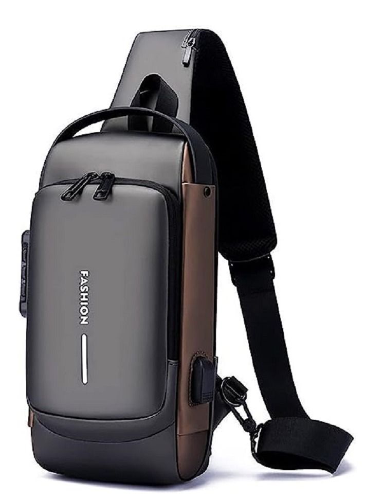 Generic Anti theft Sling Bag,Waterproof Chest Daypack with USB Charging, Shoulder Backpack Chest Bag for Men Women,Shoulder Bag Sports for Men,Backpack for Men /Women (Grey and Brown) - Image 1
