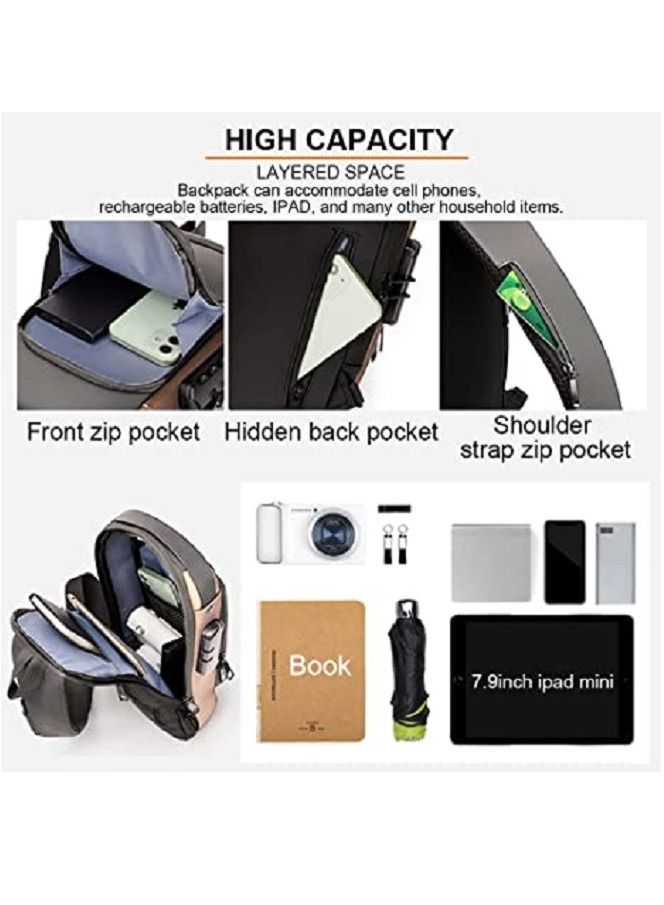 Generic Anti theft Sling Bag,Waterproof Chest Daypack with USB Charging, Shoulder Backpack Chest Bag for Men Women,Shoulder Bag Sports for Men,Backpack for Men /Women (Grey and Brown) - Image 5