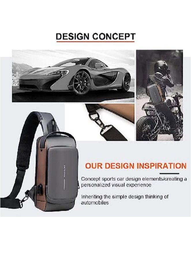 Generic Anti theft Sling Bag,Waterproof Chest Daypack with USB Charging, Shoulder Backpack Chest Bag for Men Women,Shoulder Bag Sports for Men,Backpack for Men /Women (Grey and Brown) - Image 3