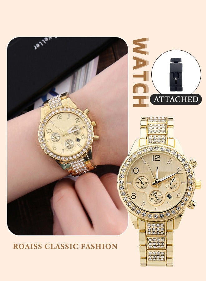 roaiss Luxury Crystal Watch for Women Quartz Calendar Stainless Steel Wristwatch Gold Luminous Waterproof Luxury Wristwatch, as Gift for Ladies - Image 1