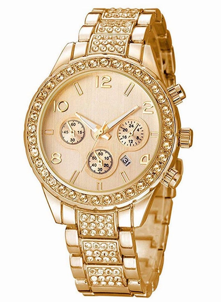 roaiss Luxury Crystal Watch for Women Quartz Calendar Stainless Steel Wristwatch Gold Luminous Waterproof Luxury Wristwatch, as Gift for Ladies - Image 2