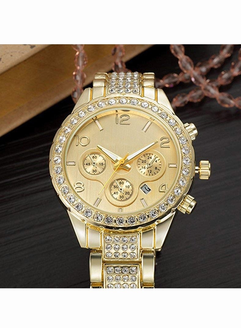 roaiss Luxury Crystal Watch for Women Quartz Calendar Stainless Steel Wristwatch Gold Luminous Waterproof Luxury Wristwatch, as Gift for Ladies - Image 3