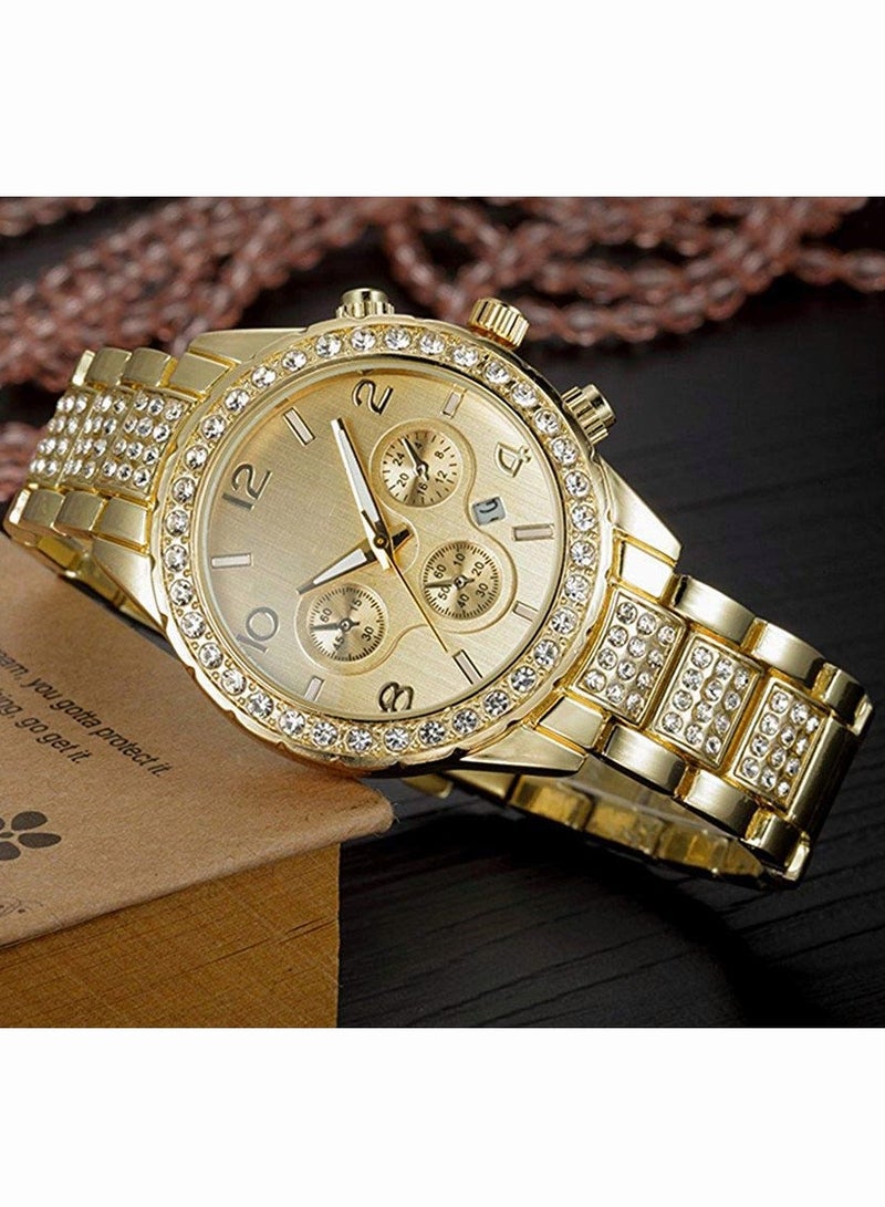 roaiss Luxury Crystal Watch for Women Quartz Calendar Stainless Steel Wristwatch Gold Luminous Waterproof Luxury Wristwatch, as Gift for Ladies - Image 5