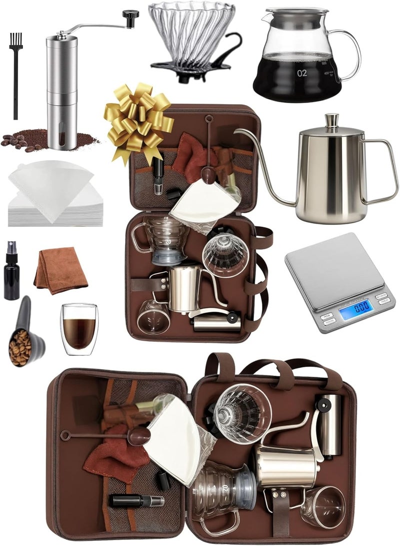 MEWE13 Pcs V60 Premium Pour Over Manual Coffee Maker with Manual Grinder Dripper Set, Coffee Server Pot Size 02, V60 Glass Coffee Dripper with Wood Stand Dripper, Scale (Premium Kit) - Image 1