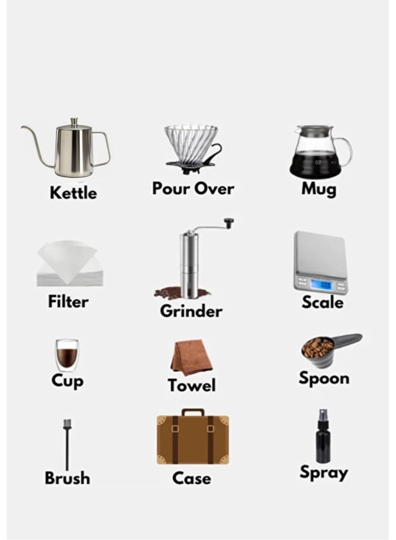 MEWE13 Pcs V60 Premium Pour Over Manual Coffee Maker with Manual Grinder Dripper Set, Coffee Server Pot Size 02, V60 Glass Coffee Dripper with Wood Stand Dripper, Scale (Premium Kit) - Image 2