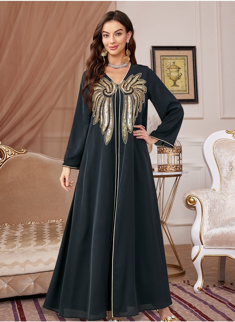 Madam Uniq - Womens Muslim Abaya Sequin Dress One-Piece V Neck Bronzing Dress Islamic Full Length Kaftan Daily Casual Dress - Image 1