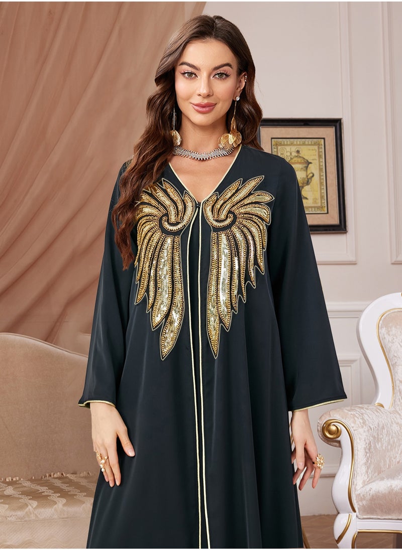 Madam Uniq - Womens Muslim Abaya Sequin Dress One-Piece V Neck Bronzing Dress Islamic Full Length Kaftan Daily Casual Dress - Image 1