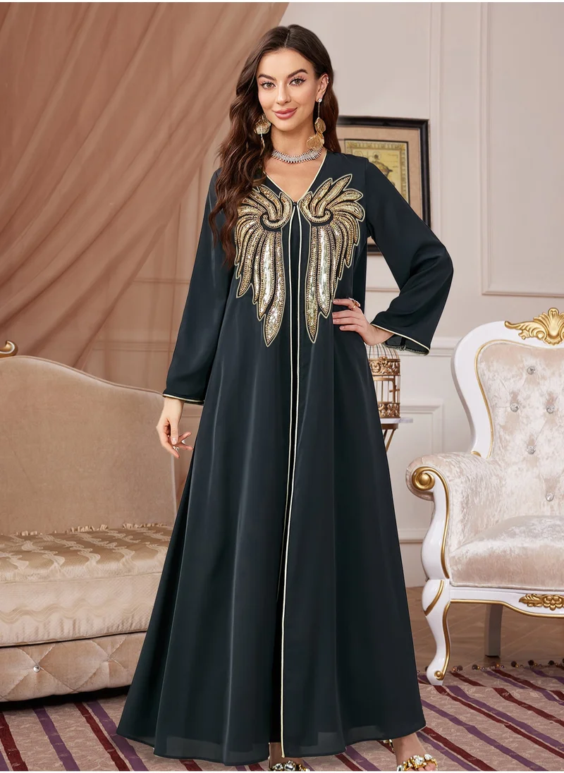 Madam Uniq Womens Muslim Abaya Sequin Dress One-Piece V Neck Bronzing Dress Islamic Full Length Kaftan Daily Casual Dress