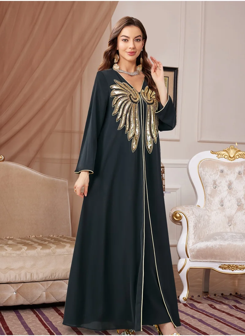 Madam Uniq Womens Muslim Abaya Sequin Dress One-Piece V Neck Bronzing Dress Islamic Full Length Kaftan Daily Casual Dress