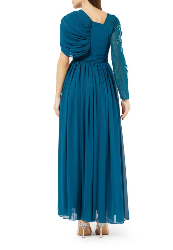 Amri Asymmetrical Ruched Drape Hand Embellished Dress
