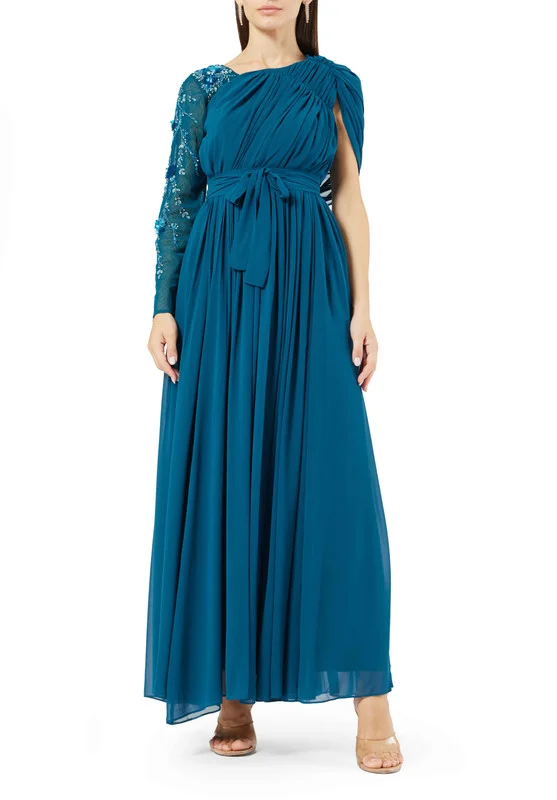 Amri Asymmetrical Ruched Drape Hand Embellished Dress