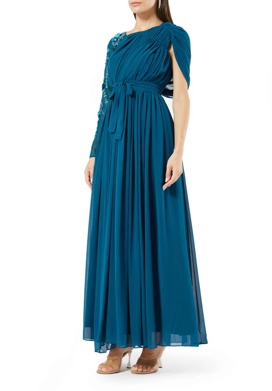 Amri Asymmetrical Ruched Drape Hand Embellished Dress