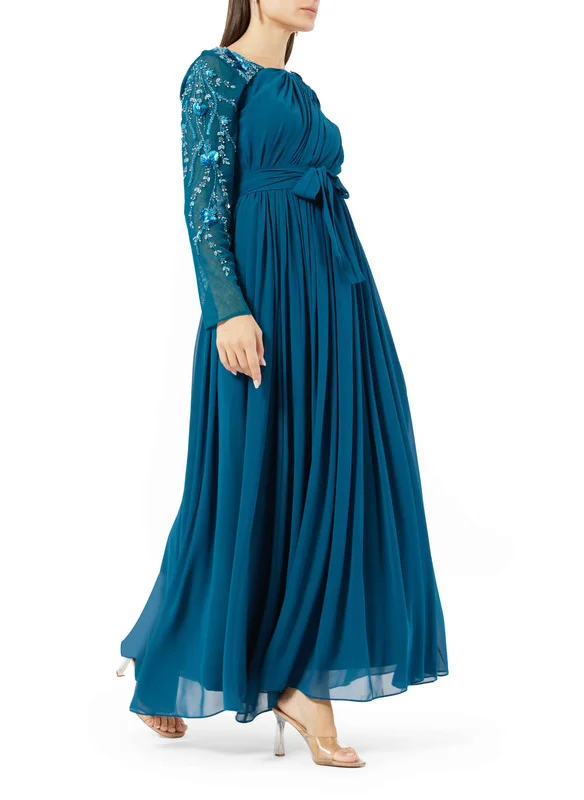 Amri Asymmetric Sleeve Embellished Chiffon Gown