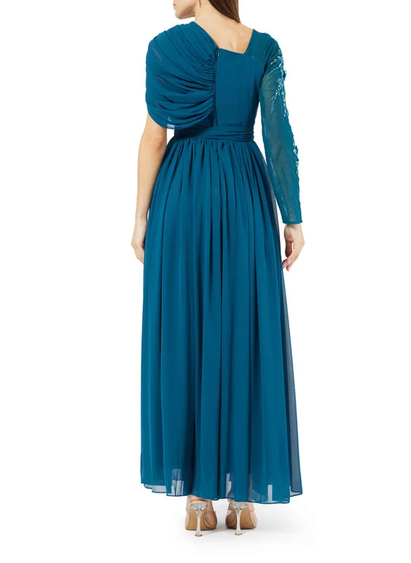 Amri Asymmetric Sleeve Embellished Chiffon Gown