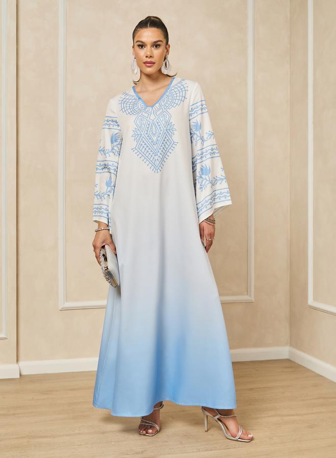 Styli Ombre Print A-Line Jalabiya with Flared Sleeves  - Image 2
