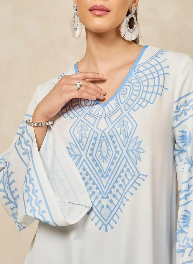 Styli Ombre Print A-Line Jalabiya with Flared Sleeves