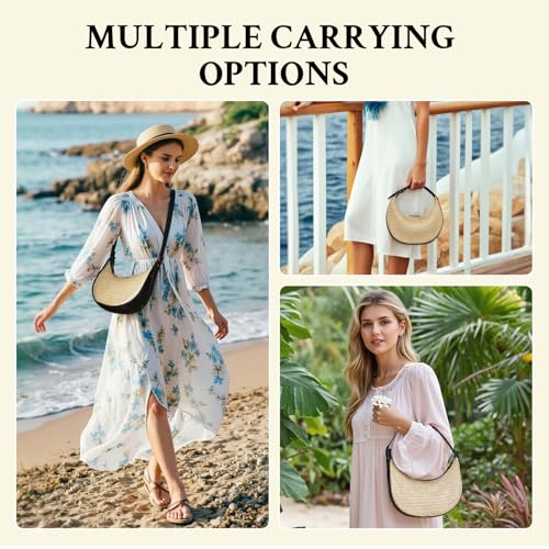 Herald Straw Crossbody Bag for Women Beach Woven Hobo Handbag Summer Chic Crescent Shoulder Purses with Adjustable Strap (Black) - Image 2