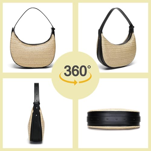 Herald Straw Crossbody Bag for Women Beach Woven Hobo Handbag Summer Chic Crescent Shoulder Purses with Adjustable Strap (Black) - Image 3
