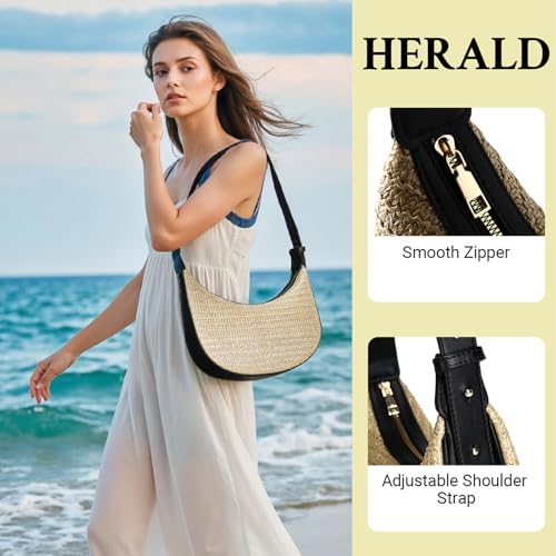 Herald Straw Crossbody Bag for Women Beach Woven Hobo Handbag Summer Chic Crescent Shoulder Purses with Adjustable Strap (Black) - Image 5