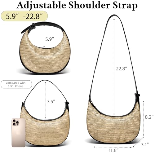 Herald Straw Crossbody Bag for Women Beach Woven Hobo Handbag Summer Chic Crescent Shoulder Purses with Adjustable Strap (Black) - Image 4