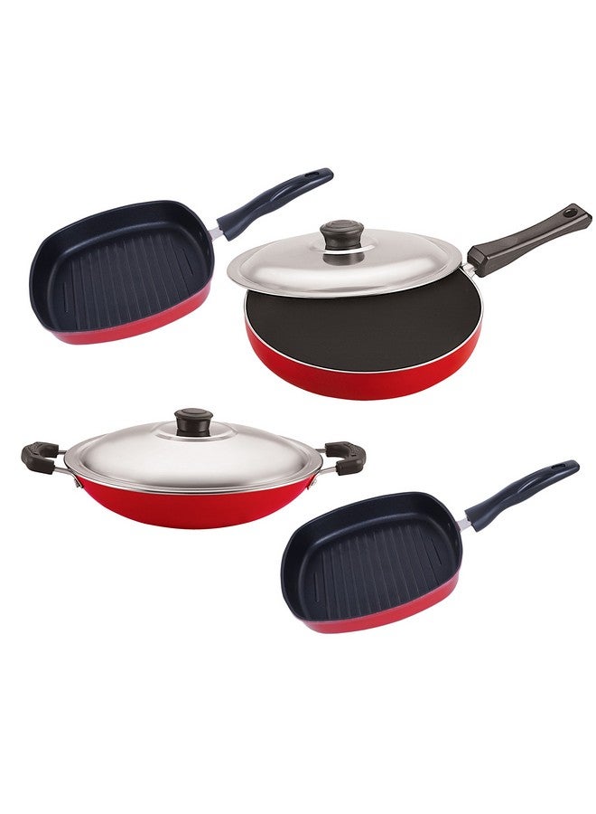 Nirlon Aluminium Cookware Set, 4-Pieces, Red and Black (FP13_AC_GP22.5_GP24)