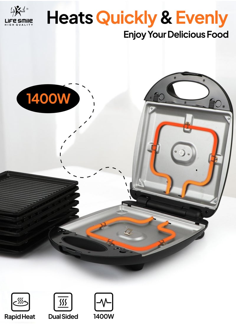 Life Smile - Sandwich Maker 4 Slice 3 in 1 - Waffle Maker & Panini Maker & Sandwich Maker All in One, Non Stick Surface Detachable Coating, LED Indicator Lights Cool Touch Handle 1400W Power - Image 1