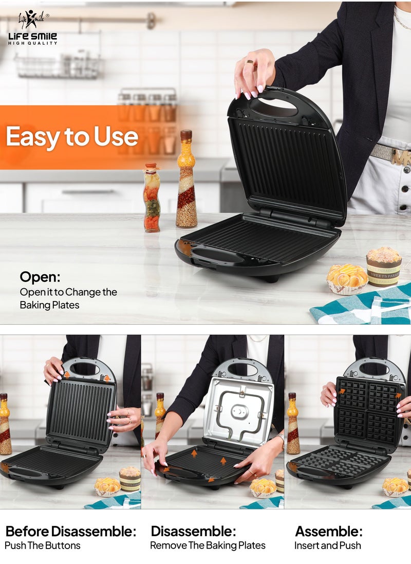 Life Smile - Sandwich Maker 4 Slice 3 in 1 - Waffle Maker & Panini Maker & Sandwich Maker All in One, Non Stick Surface Detachable Coating, LED Indicator Lights Cool Touch Handle 1400W Power - Image 1