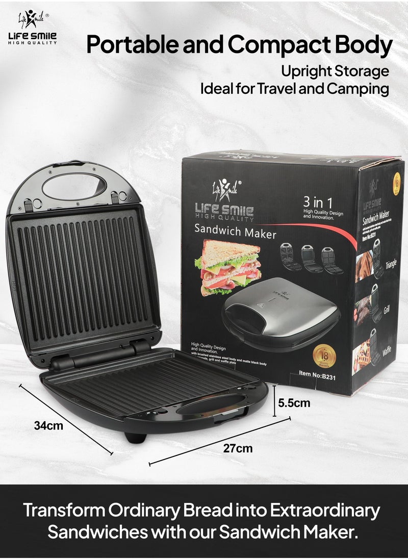 Life Smile - Sandwich Maker 4 Slice 3 in 1 - Waffle Maker & Panini Maker & Sandwich Maker All in One, Non Stick Surface Detachable Coating, LED Indicator Lights Cool Touch Handle 1400W Power - Image 1