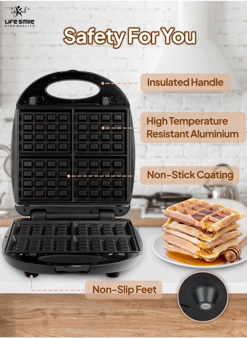 Life Smile - Sandwich Maker 4 Slice 3 in 1 - Waffle Maker & Panini Maker & Sandwich Maker All in One, Non Stick Surface Detachable Coating, LED Indicator Lights Cool Touch Handle 1400W Power - Image 1