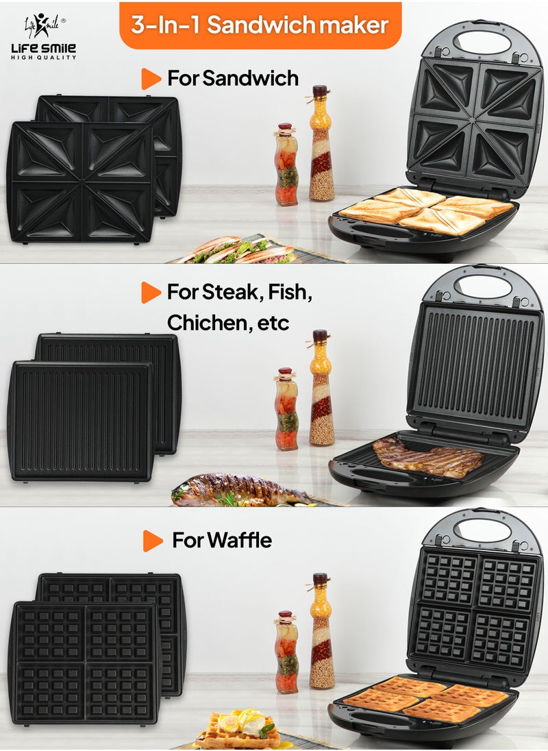 Life Smile - Sandwich Maker 4 Slice 3 in 1 - Waffle Maker & Panini Maker & Sandwich Maker All in One, Non Stick Surface Detachable Coating, LED Indicator Lights Cool Touch Handle 1400W Power - Image 1