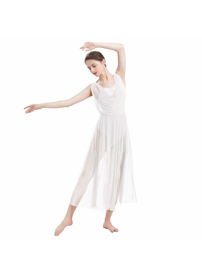 ODASDO Women Lyrical Modern Contemporary Dance Costume Leotard V-Neck Backless Split Tulle Skirt Flowy Overlay Dress, White, M - Image 1