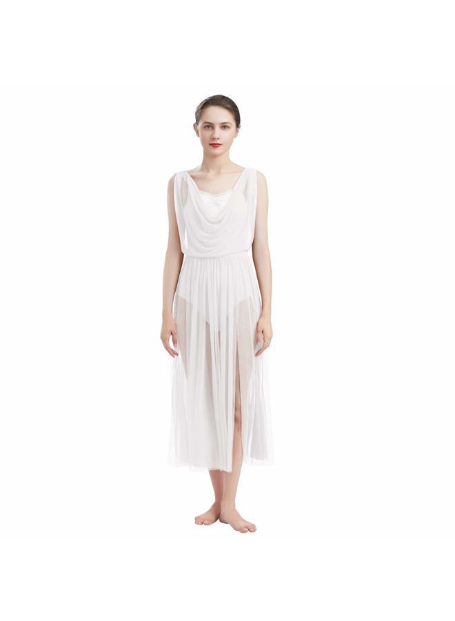 ODASDO Women Lyrical Modern Contemporary Dance Costume Leotard V-Neck Backless Split Tulle Skirt Flowy Overlay Dress, White, M - Image 5