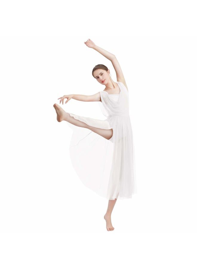 ODASDO Women Lyrical Modern Contemporary Dance Costume Leotard V-Neck Backless Split Tulle Skirt Flowy Overlay Dress, White, M - Image 4