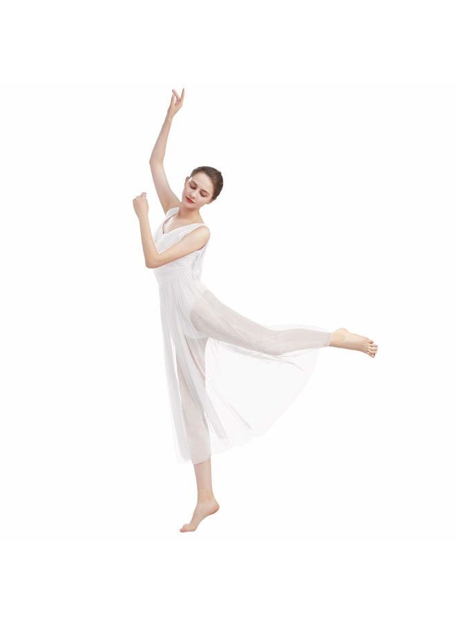ODASDO Women Lyrical Modern Contemporary Dance Costume Leotard V-Neck Backless Split Tulle Skirt Flowy Overlay Dress, White, M - Image 3
