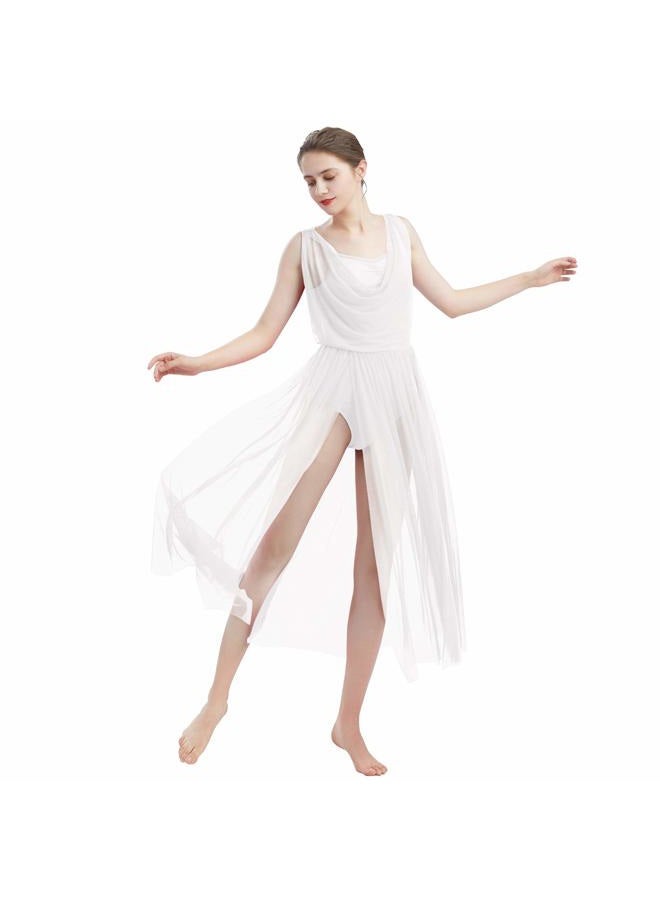 ODASDO Women Lyrical Modern Contemporary Dance Costume Leotard V-Neck Backless Split Tulle Skirt Flowy Overlay Dress, White, M - Image 2