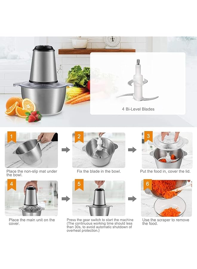 erorex Meat Grinder Electric Garlic Press Uk Plug Food Processor 2L Stainless Steel Meat Blender Food Chopper For Meat Vegetables Fruits And Nuts With 4 Sharp Blades  - Image 5