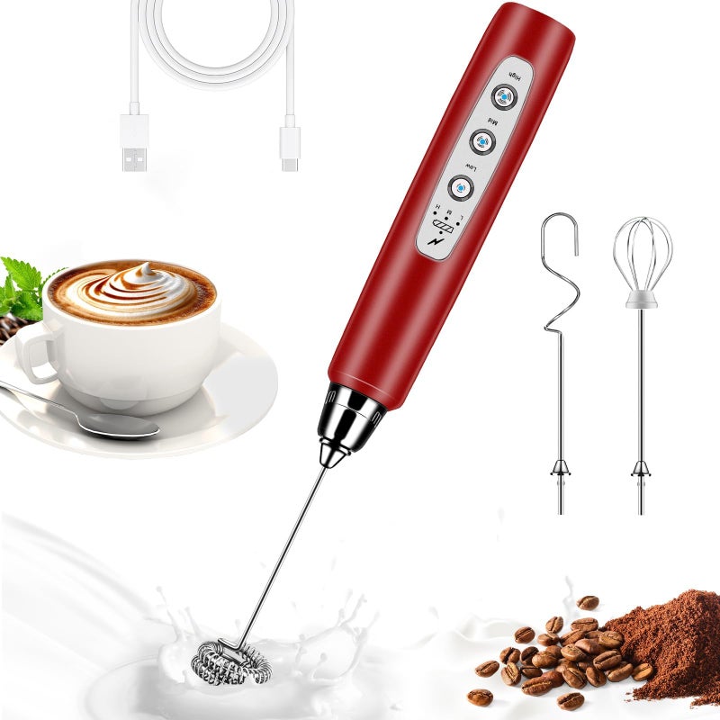 BSRGMS Milk Frother Handheld for Coffee Electric Whisk 3 Speed Adjustable Drink Mixer with Stainless 3 Whisks Rechargeable Hand Frother Wand Foam Maker for Latte Cappuccino Hot Chocolate Egg Red