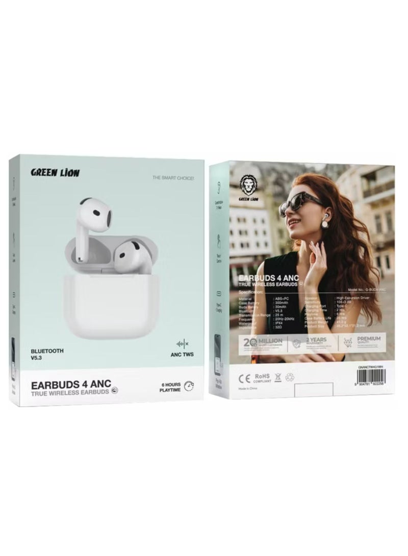 GREEN LION TWS Earbuds 4 ANC, BT 5.3, ABS/PC, IPX4, Type-C, 300mAh case, 25m range, 2h charge, 6h play, touch control_White  - Image 3