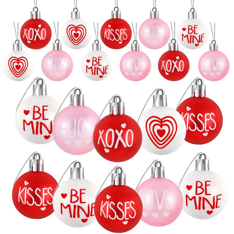 JULMELON 36 Pcs Valentine's Day Ball Ornaments, Red Pink White Heart Decorations with Letters, Plastic Hanging Orbs for Tree Party Supplies, Valentine's Day Party Decor - Image 1