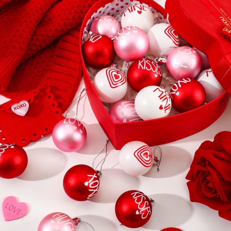 JULMELON 36 Pcs Valentine's Day Ball Ornaments, Red Pink White Heart Decorations with Letters, Plastic Hanging Orbs for Tree Party Supplies, Valentine's Day Party Decor - Image 2