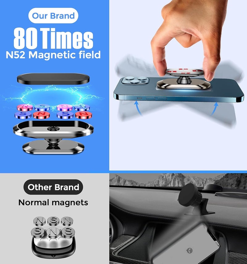 MFox 2 Pack Metal Magnetic Phone Holder for Car [ 2022 Upgrade 8X N52 Magnets] Strong Magnet Car Mount, One Second Put and Take & Dashboard 360° Rotation, Fit with iPhone and All Smartphone - Image 3