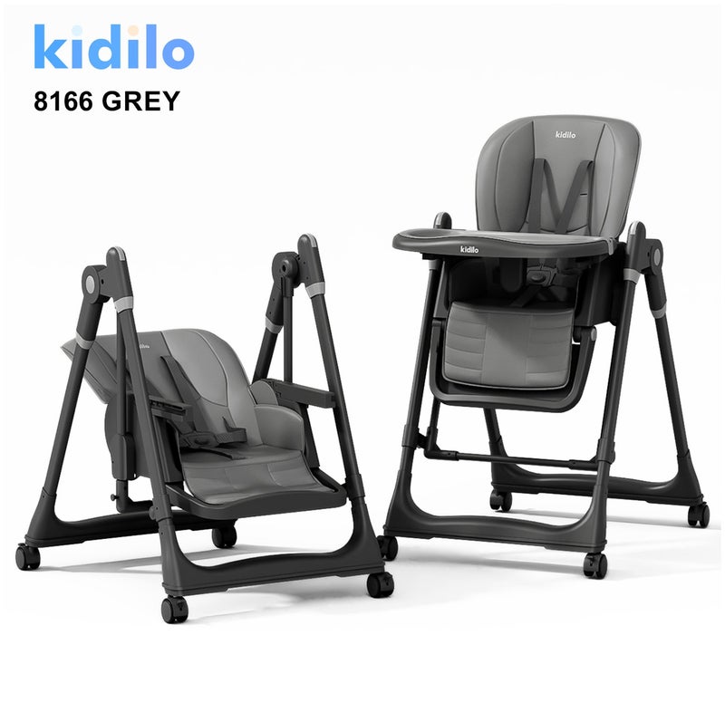 Kidilo 8166 Convertible Baby High Chair | 2-In-1 High Chair To Low Rocker Seat | Removable Feeding Tray With Insert | Secure Safety Harness | Padded Easy-Clean Seat | Wheels | Wide Stable Base